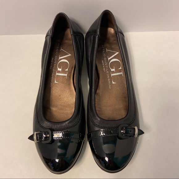 AGL Cap Toe Black Leather Slip On Ballet Flat - Picture 8 of 14